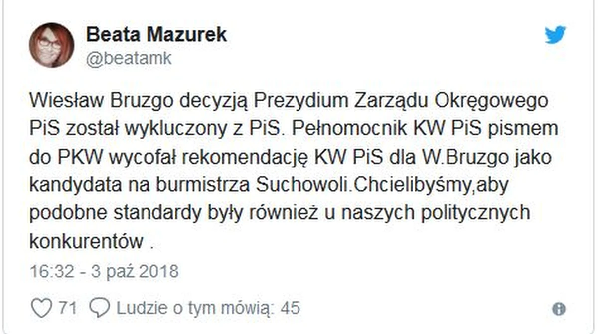 "Decyzją prezydium zarządu okręgowego PiS Wiesław Bruzgo został wykluczony z partii; tym samym PiS wycofało rekomendację dla Bruzgi jako kandydata na burmistrza Suchowoli" - napisała na Twitterze rzeczniczka partii Beata Mazurek. Wcześniej Platforma Obywatelska powiadomiła prokuraturę o możliwości popełnienia przestępstwa przez działacza PiS. Wg PO, na swoim profilu w mediach społecznościowych, szerzy on mowę nienawiści.