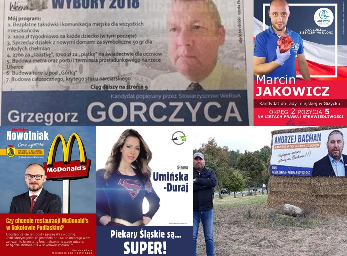 Samorządowa kampania wyborcza jest już na ostatniej prostej. Jak to zwykle bywa - obok poważnych obietnic pojawiły się też zaskakujące hasła, plakaty i inicjatywy. Poniżej prezentujemy subiektywny przegląd "ciekawostek kampanijnych". Czekamy też na sygnały od Was. Nasz mail: fakty@rmf.fm jest do Waszej dyspozycji! Czekamy również na Wasze komentarze pod artykułem. 