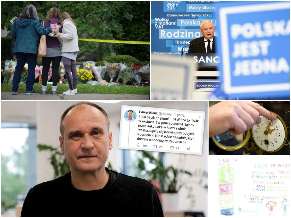 Krwawa strzelanina w synagodze w amerykańskim Pittsburghu, zawieszenie strajku pracowników LOT, skandal wokół wulgarnych tweetów Pawła Kukiza, Jarosław Kaczyński na Podkarpaciu, pogrom w El Clasico, start akcji Paczka na Gwiazdkę, dzięki której każdy z nas może wywołać uśmiech na twarzach małych pacjentów oddziałów onkologicznych... i zmiana czasu, która - choć zyskaliśmy godzinę snu - może dać się nam w najbliższych dniach we znaki... Taki był weekend - a my przygotowaliśmy dla Was podsumowanie najważniejszych wydarzeń i zestawienie najciekawszych materiałów z RMF 24! Zobaczcie koniecznie!