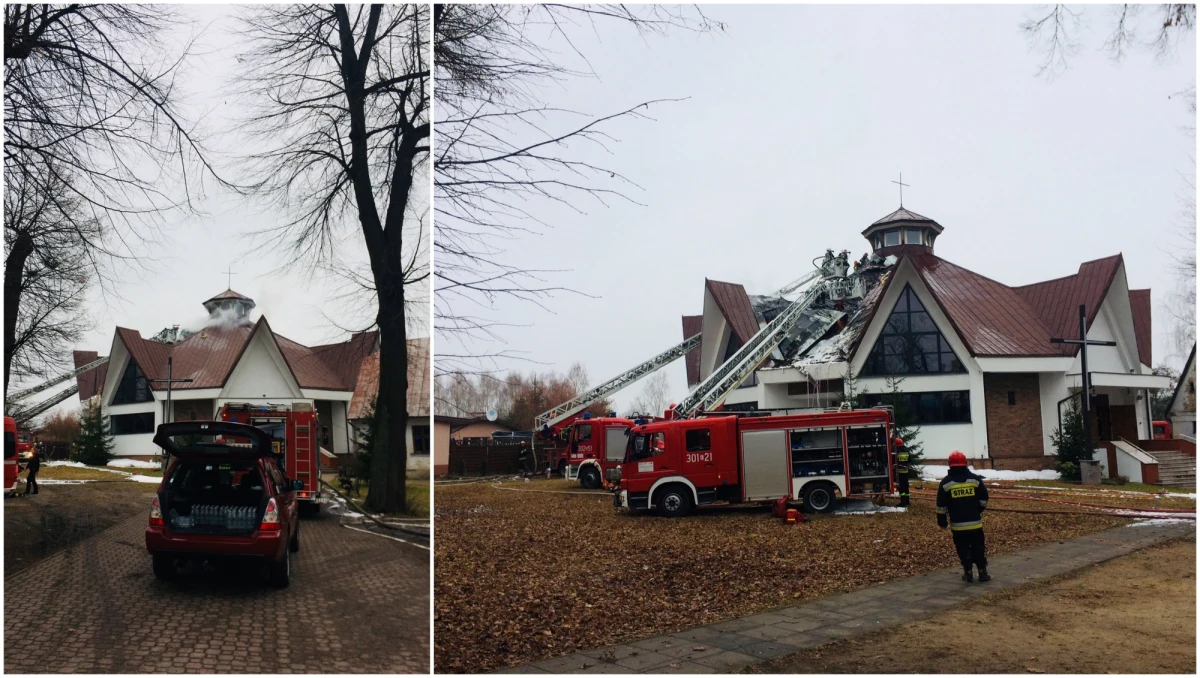 Strażacy dogaszają pożar kościoła św. Andrzeja Boboli w Łodzi. Ogień pojawił się na poddaszu świątyni. W akcji gaśniczej brało udział kilkanaście zastępów straży.