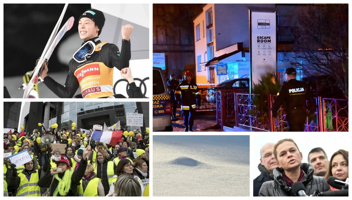 Prokuratura postawiła pierwsze zarzuty w związku z tragedią w escape roomie w Koszalinie, gdzie w pożarze zginęło pięć nastolatek. W związku z piątkowym dramatem straż pożarna przez weekend przeprowadzała kontrole w podobnych lokalach. W Bischofshofen zakończył się Turniej Czterech Skoczni, który wygrał Japończyk Ryoyu Kobayashi. Najwyżej notowany Polak, Dawid Kubacki, znalazł się na czwartym miejscu. Natomiast we Francji ponownie protestował ruch "żółtych kamizelek" - podczas manifestacji doszło do starć z siłami bezpieczeństwa. Taki był weekend w Polsce i na świecie. Specjalnie dla Was przygotowaliśmy spis najważniejszych wydarzeń. 
