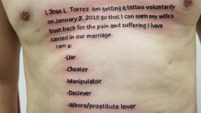 "Jestem zdrajcą". Niewierny mąż tatuażem chce odzyskać zaufanie żony