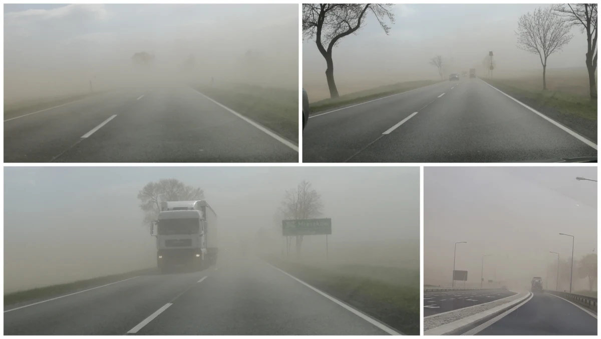 Nad Polskę napłynęły z południa masy gorącego powietrza wypełnione pyłem znad Sahary. Pył znad afrykańskiej pustyni ograniczył widoczność w wielu miejscach. Z powodu burzy piaskowej na drodze krajowej numer 60 między Makowem Mazowieckim a Różanem w województwie mazowieckim zderzyły się dwie ciężarówki.