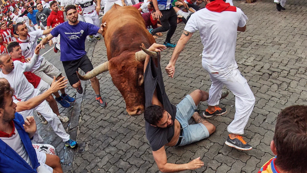 Osiem osób zostało rannych, w tym trzy zostały wzięte na rogi, w niedzielę w ostatniej gonitwie z bykami podczas kończącej się tego dnia fiesty ku czci świętego Fermina, Sanfermines, w Pampelunie na północy Hiszpanii - podały służby medyczne w tym mieście.