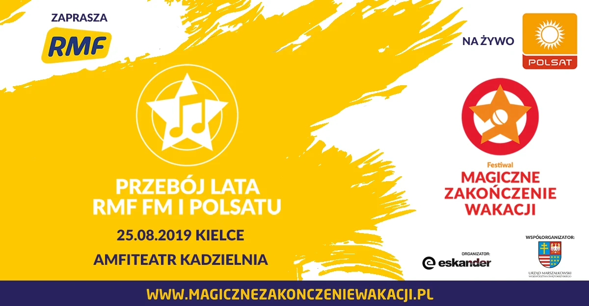 „Magiczne zakończenie wakacji” już w najbliższy weekend. RMF FM i Polsat zapraszają do Kielc 24 i 25 lipca. Podczas pierwszego dnia festiwalu w Amfiteatrze Kadzielnia największe gwiazdy polskiej sceny kabaretowej zadbają o znakomitą atmosferę Świętokrzyskiej Nocy Kabaretowej. Drugiego dnia kielecką scenę rozgrzeją najpopularniejsi muzycy, a widzowie wybiorą "Przebój lata RMF FM i Polsatu".