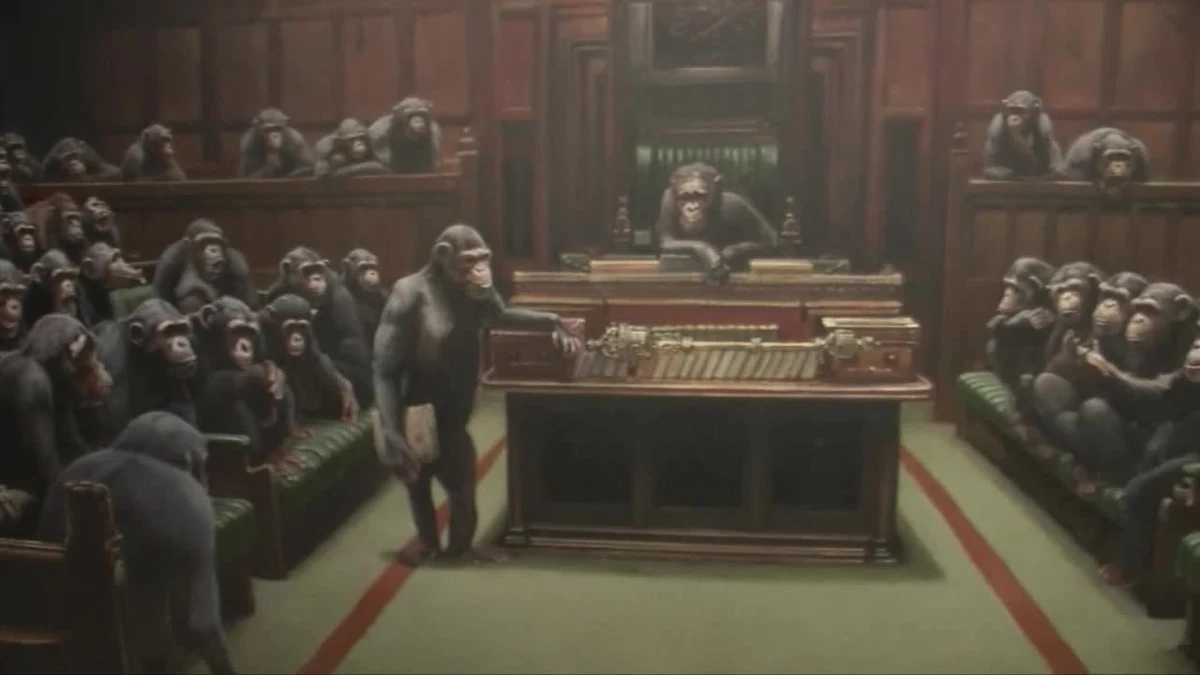 Praca Banksy’ego pod tytułem "Devolved Parliament" została sprzedana na aukcji w londyńskim Sotheby’s za blisko 10 milionów funtów (około 48 mln zł). To rekordowa cena za dzieło tego artysty.
