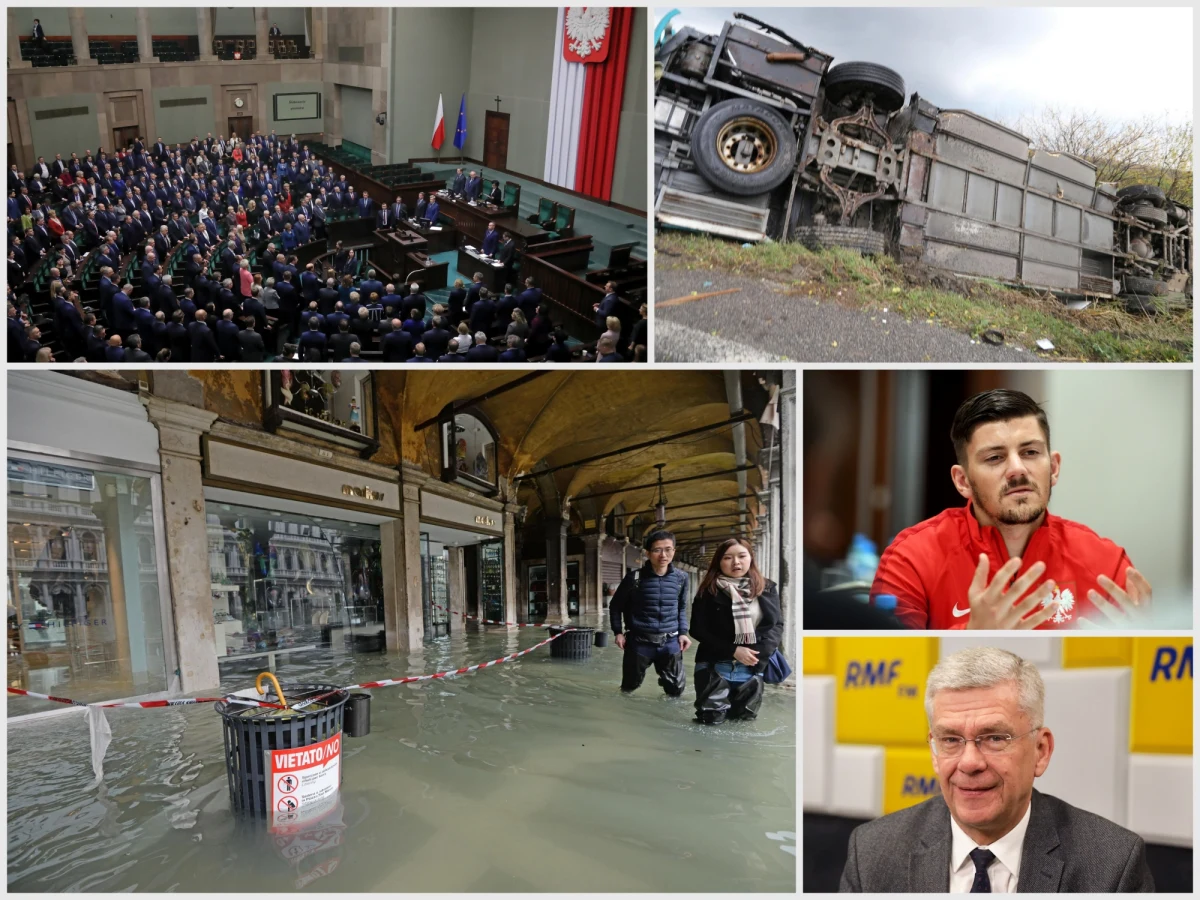 Agencja Bezpieczeństwa Wewnętrznego zatrzymała grupę osób, które, zgodnie z podejrzeniami, miały przygotowywać atak terrorystyczny wzorowany na zamachu Andersa Breivika w Norwegii. Do tragicznego wypadku doszło na Słowacji. Co najmniej 12 osób zginęło a 20 jest rannych po zderzeniu autobusu z ciężarówką. Lokalne media podają, że autokarem podróżowali licealiści. W Strefie Gazy nadal niespokojnie. Mimo to, jak poinformował PZPN: sobotni mecz Polska-Izrael w Jerozolimie odbędzie się zgodnie z planem. O "apokaliptycznych zniszczeniach" mówią władze i mieszkańcy Wenecji. Rekordowo wysoka fala przypływu zalała około 80 proc. powierzchni miasta, straty szacowane są na setki milionów euro. O tych i innych najważniejszych wydarzeniach środy przeczytasz w Podsumowaniu Dnia RMF FM.