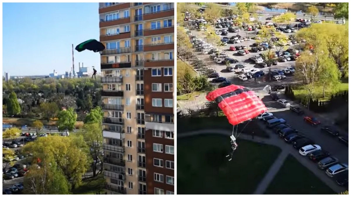 W internecie pojawił się nagranie, na którym widać dwie osoby, skaczące ze spadochronami z 20. piętra bloku na warszawskich Bielanach. Sprawą zainteresowała się policja i już zapowiedziała przekazanie materiałów do prokuratury. 