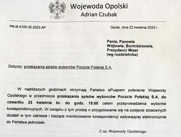 /Skierowane do samorządówców Opolszczyzny pismo, zapowiadające polecenie przekazania Poczcie Polskiej spisów wyborców /