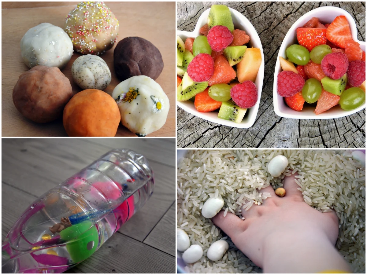 Dziś, podobnie jak wczoraj, kolejne zabawy sensoryczne, czyli dające okazję do doświadczania świata, eksperymentowania i rozmawiania o tym. Opisujcie swoje wrażenia, obserwujcie kolory, faktury, zapachy i dźwięki. Zastanawiajcie się nie tylko, co czują najbardziej oczywiste zmysły jak wzrok. Posłuchajcie, jaki dźwięk wydają stopy, chodząc po różnych powierzchniach, jaki jest dźwięk przesypywanego ryżu itd.