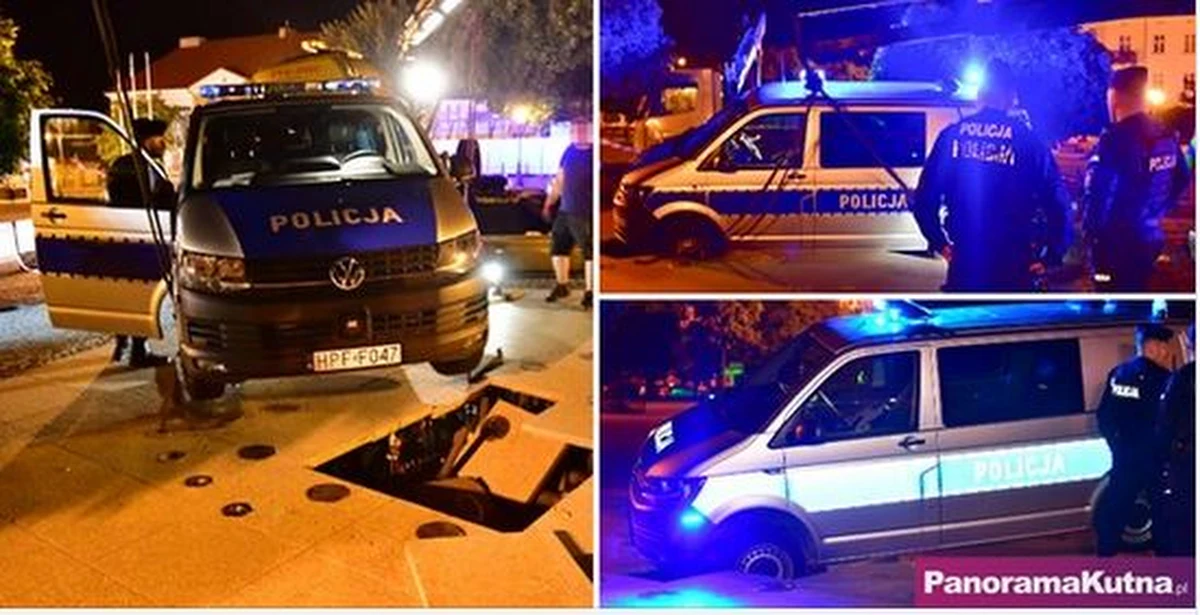 Podczas nocnej interwencji policji na pl. Piłsudskiego w Kutnie pod radiowozem załamały się płyty przykrywające fontannę. Wyciągnięcie pojazdu wymagało użycia specjalistycznego sprzętu.
