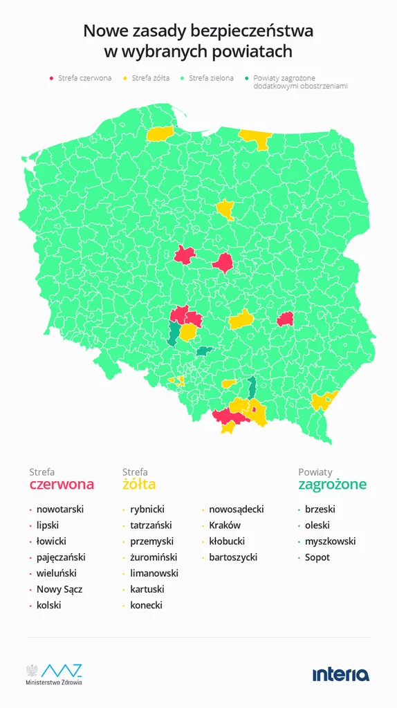 Aktualna lista powiatów wchodzących w skład tzw. żółtych i czerwonych stref