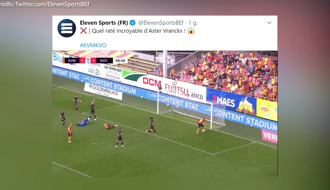 Nieprawdopodobne pudło w lidze belgijskiej. Zawodnik przewrócił się na piłce. Wideo