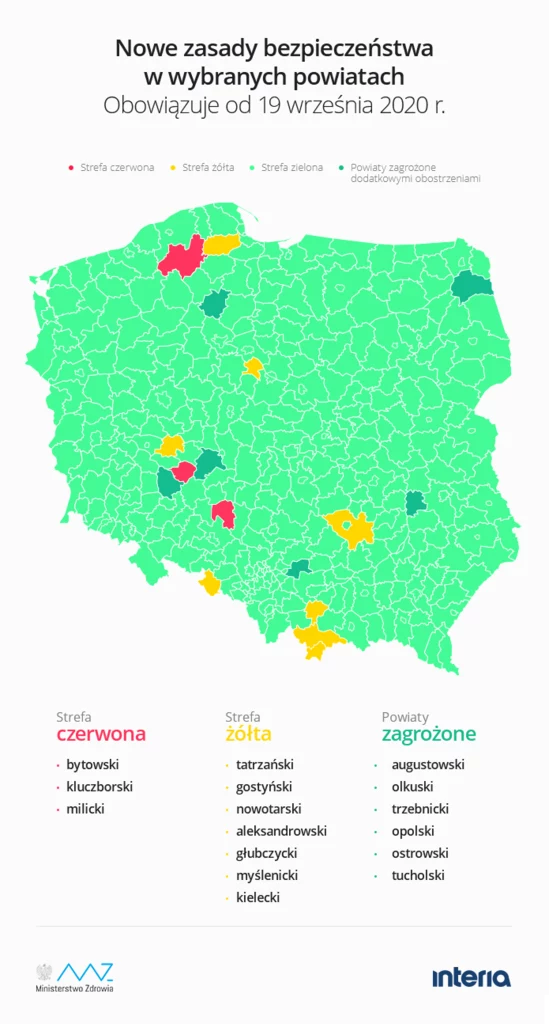 Nowa lista powiatów, które znalazły się w żółtej i czerwonej strefie