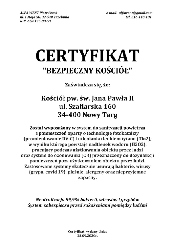 "Certyfikat 'Bezpieczny Kościół'", który pojawił się na stronie parafii z Nowego Targu