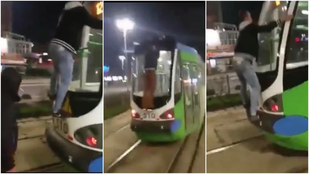 To mogło się skończyć tragicznie. Spółka Tramwaje Szczecińskie zawiadamia policję o "wyczynie" młodych mężczyzn, którzy wspięli się na tramwaj. Jeden podróżował na dachu pojazdu, drugi uczepiony tylnej szyby.