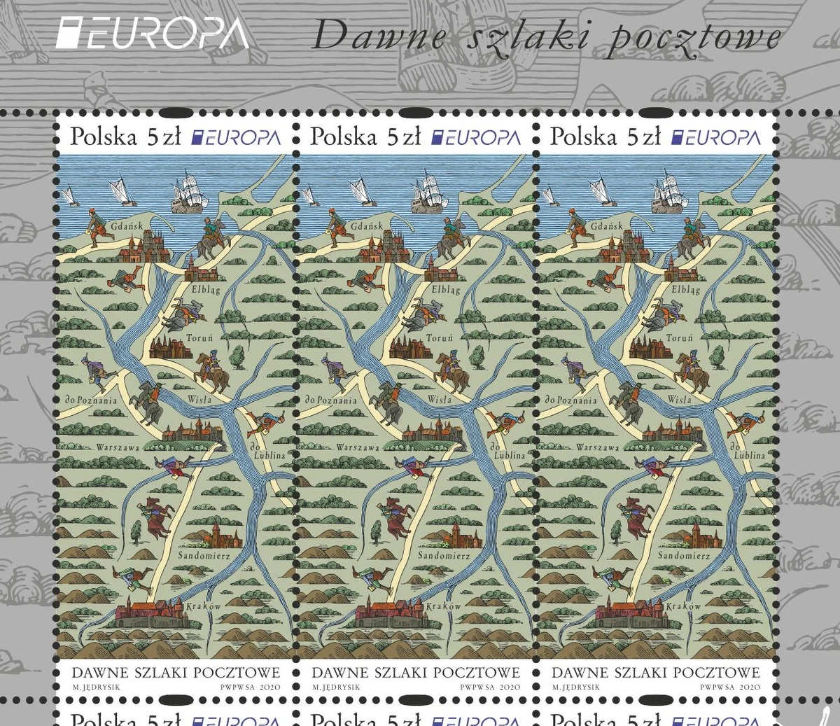 Poczta Polska zdobyła pierwszą nagrodę w konkursie filatelistycznym EUROPA Stamp 2020, którego tematem były dawne szlaki pocztowe. Zwycięski znaczek, autorstwa Macieja Jędrysiaka, przedstawia najważniejsze szlaki komunikacyjne i pocztowe funkcjonujące w XVI w.