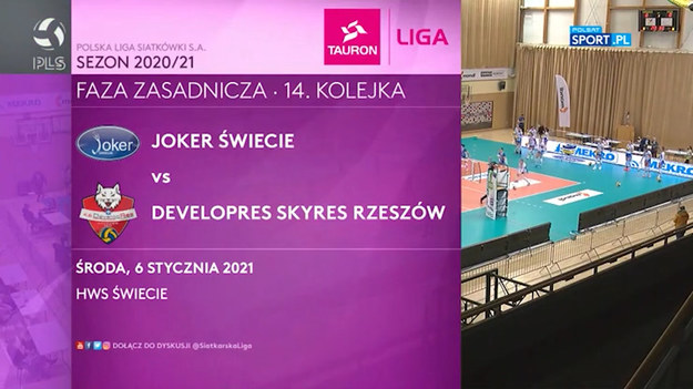 Skrót meczu Joker Świecie - Developres SkyRes Rzeszów (19:25, 21:25, 25:18, 25:19, 9:15).