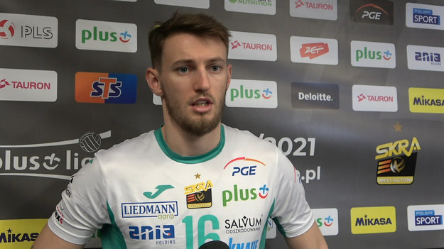 Zawodnik PGE Skry, Jakub Popiwczak, po zaległym meczu 6. kolejki PGE Skra - Jastrzębski Węgiel (0:3).
