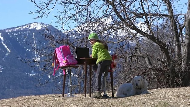 10-letnia Włoszka Fiammetta Melis z Caldes w Trydencie ma lekcje online na wzgórzu. W przerwach pasie kozy.