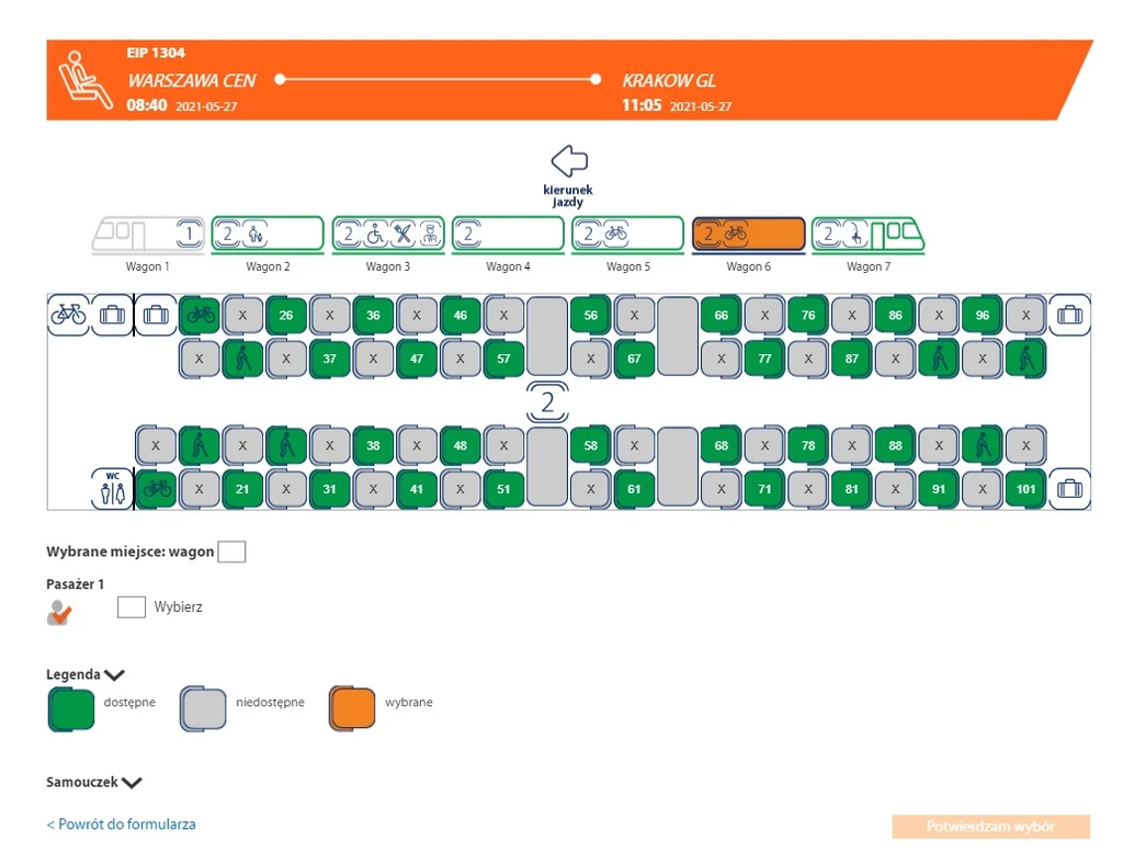 Tylko "zielone" miejsca możemy zarezerwować w pociągu Warszawa-Kraków. Skład odjedzie ze stolicy 27 maja, gdy limit będzie wynosił 100 proc. miejsc siedzących