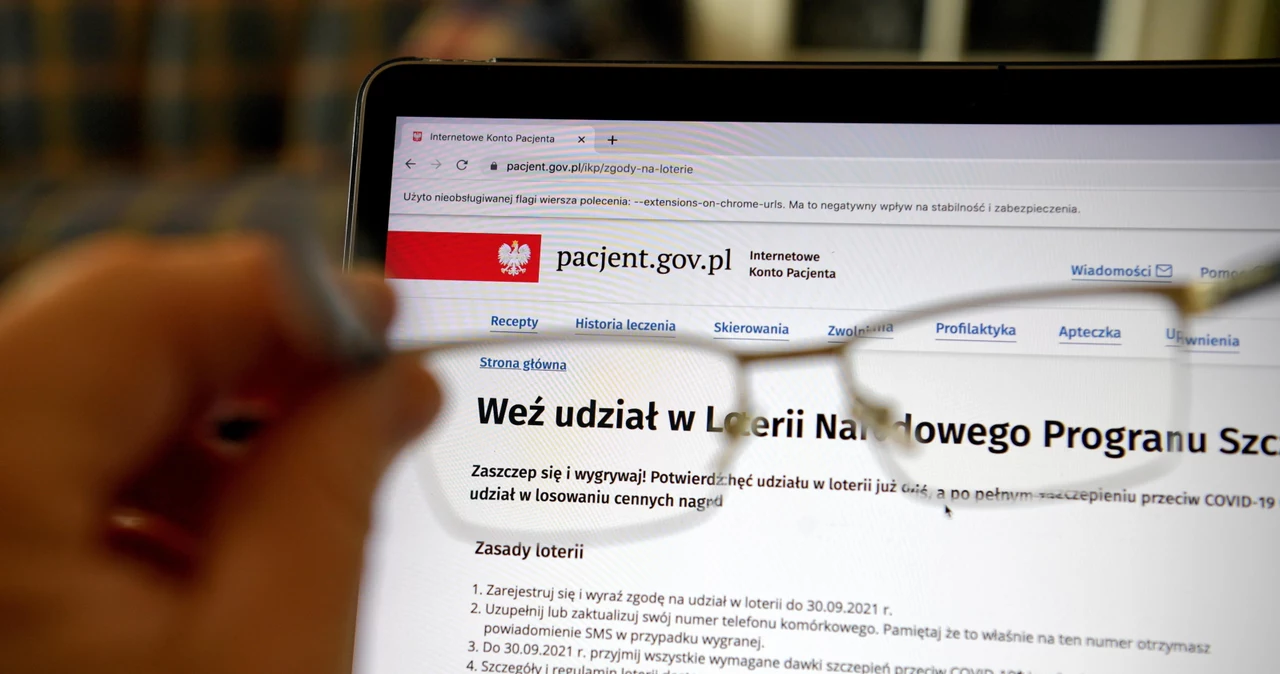 Strona internetowego konta pacjenta - Loteria Narodowego Programu Szczepień