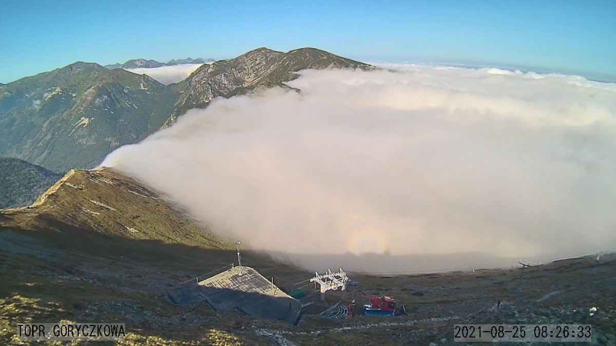 Niecodzienne zjawisko uchwyciła kamera Tatrzańskiego Ochotniczego Pogotowia Ratunkowego na szczycie Kasprowego Wierchu. Kamera zarejestrowała własne Widmo Brockenu, zwane też mamidłem górskim. 