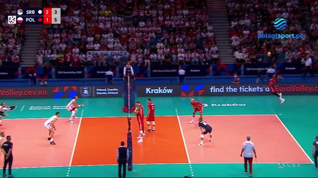 Fragment meczu ME siatkarzy 2021 Polska – Serbia 3:2 (25:21, 23:25, 20:25, 25:20, 16:14).