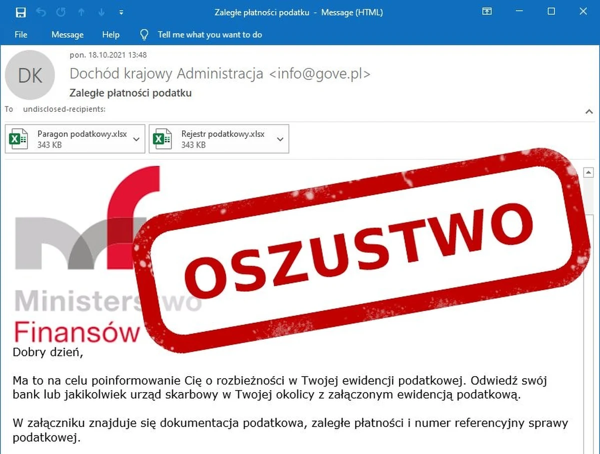 CERT Polska ostrzega przed nowym sposobem wyłudzania danych. Tym razem oszuści podszywają się pod urząd skarbowy lub Ministerstwo Finansów i rozsyłają fałszywe informacje z załącznikami.
