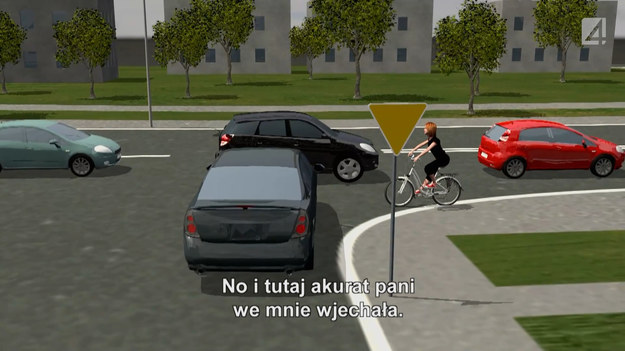 Kierowca Volkswagena zatrzymał się przed skrzyżowaniem. Wtedy w bok jego samochodu wjechała rowerzystka, która poruszała się po chodniku. Kobieta popełniła w tej sytuacji więcej niż jeden błąd - nie tylko jechała chodnikiem i uderzyła w stojący na drodze samochód, ale dodatkowo nie skorzystała z drogi dla rowerów, która biegła po drugiej stronie ulicy.

(Fragment programu "Stop drogówka").