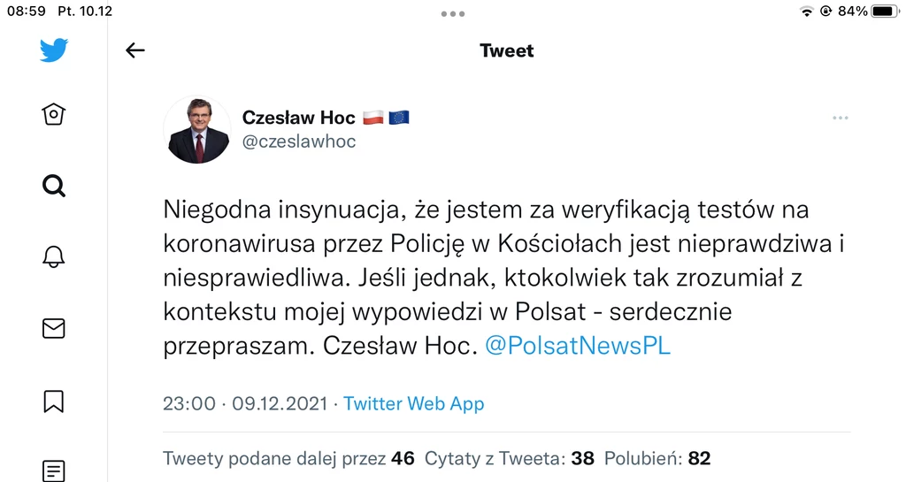 Usunięty wpis posła PiS Czesława Hoca