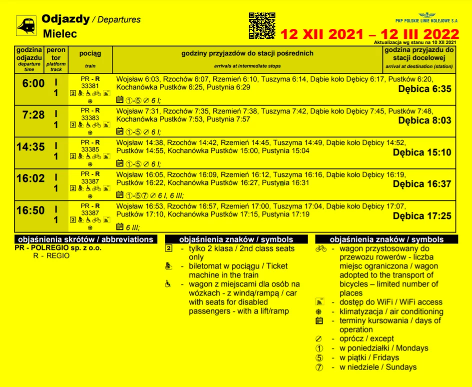 Tak wygląda nowy rozkład jazdy pociągów z Mielca. Kursują niemal wyłącznie w dni robocze, a ostatni o godz. 16:50, odjedzie tylko raz - w niedzielę 6 marca