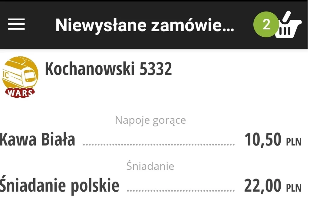 Kawa i śniadanie polskie wciąż widniały na liście "niewysłanych". Znacznie szybciej udało się je zamówić w "tradycyjny" sposób, czyli odwiedzając wagon restauracyjny