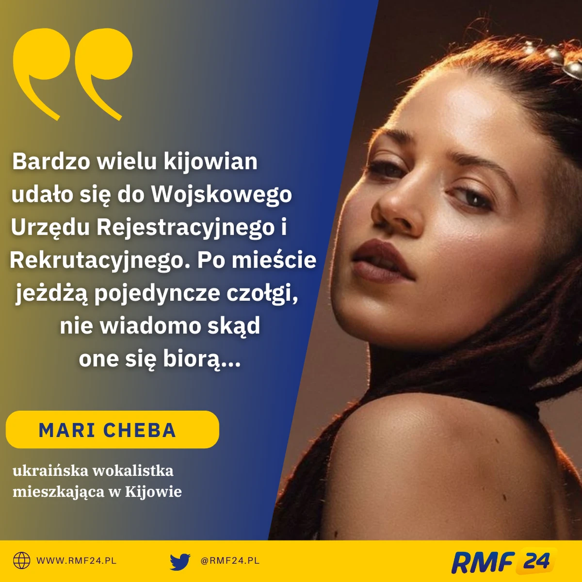 Mari Cheba - ukraińska wokalistka - była w Kijowie, gdy Rosja zaatakowała Ukrainę. Artystka opowiedziała o tym, jak w ostatnich godzinach zmieniło się życie w stolicy. "Nie wiemy, co będzie dalej, ale bardzo wierzymy w najlepszy scenariusz dla Ukrainy".