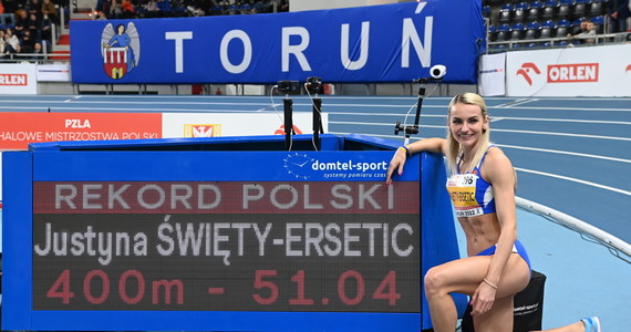 ​Justyna Święty-Ersetic została w Toruniu mistrzynią Polski w biegu na 400 m. Zwyciężyła czasem 51,04, który jest halowym rekordem Polski. "W Belgradzie celujemy w złoto mistrzostw świata w sztafecie" - powiedziała złota medalistka.