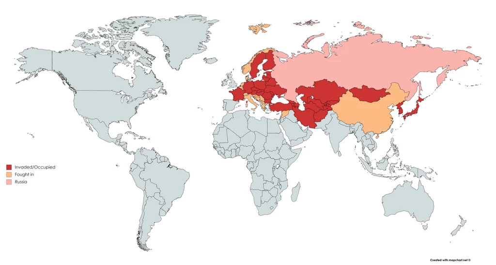 Mapa krajów, które musiały się zmierzyć z rosyjskim najeźdźcą , fot. Reddit