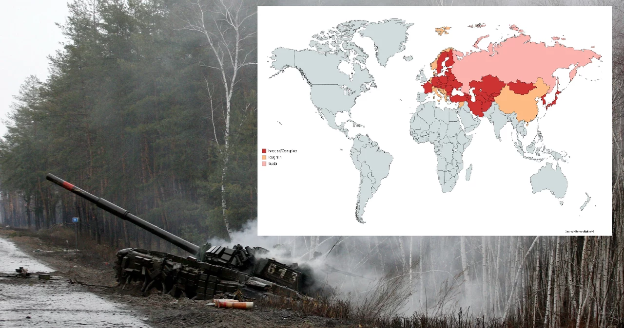 Rosyjski czołg zniszczony przez wojska ukraińskie oraz mapa z serwisu Reddit