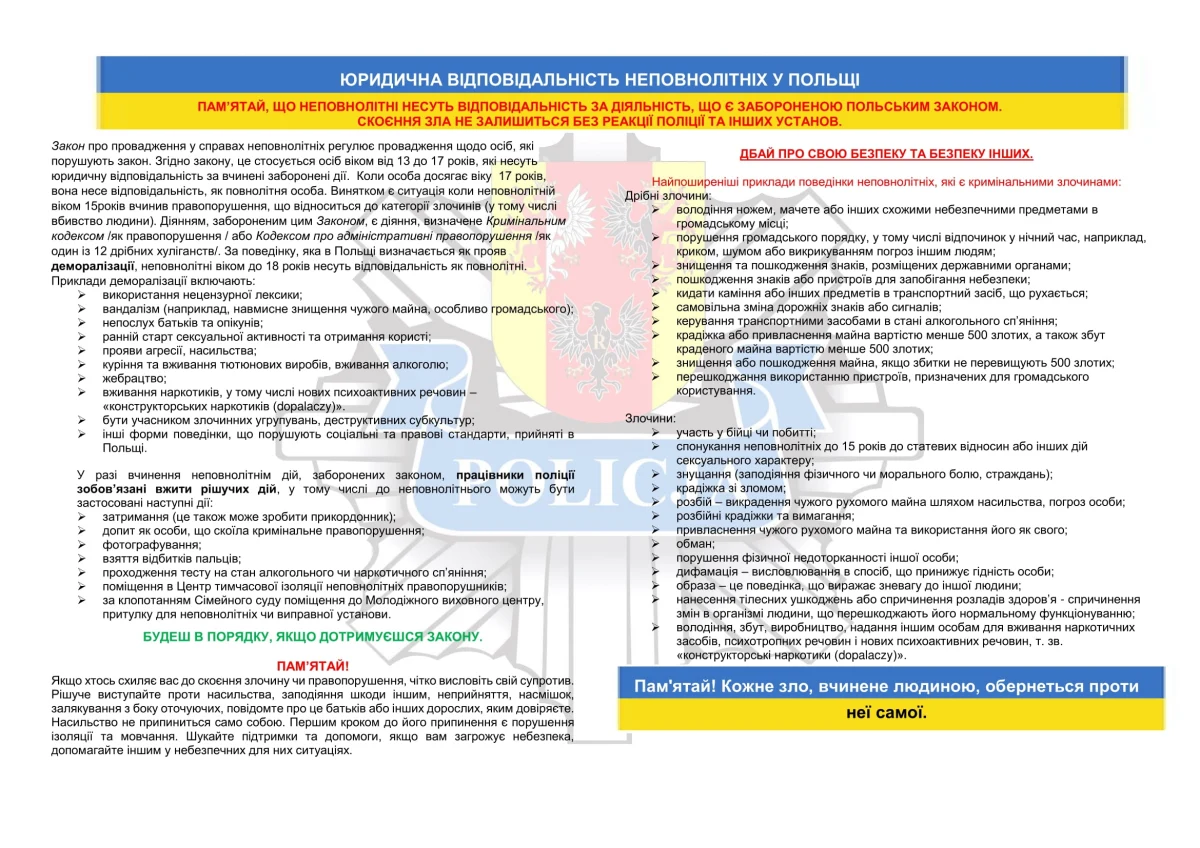 Ulotki o odpowiedzialności prawnej nieletnich w Polsce skierowane do dzieci i młodzieży narodowości ukraińskiej przygotowali policjanci z Wydziału Prewencji KWP w Łodzi. Tłumaczą w nich, co w Polsce jest czynem zabronionym, wykroczeniem, a co przestępstwem i kiedy osoby do 17. roku życia ponoszą za nie odpowiedzialność.

