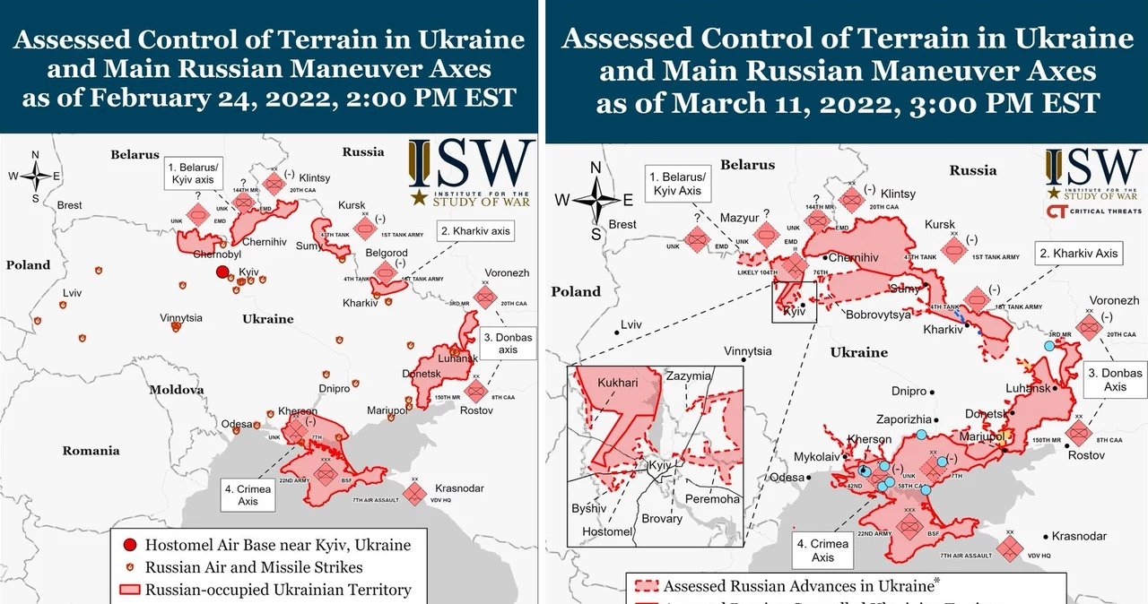 Mapy stworzone przez Institute for the Study of War. Pierwsza przedstawia inwazję Rosjan w pierwszym dniu wojny, druga działania po dwóch tygodniach wojny