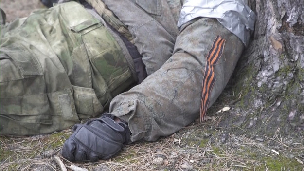 Armia ukraińska pokazuje nagranie jak patrol w rejonie kijowskim natrafia na ciało rosyjskiego żołnierza. W okolicy wiele domów zostało całkowicie zniszczonych przez wojnę.