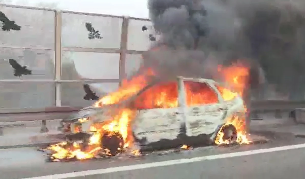 Doszczętnie spalił się samochód osobowy przy autostradzie A8 we Wrocławiu - to zachodnia obwodnica miasta o długości ponad 20 km.