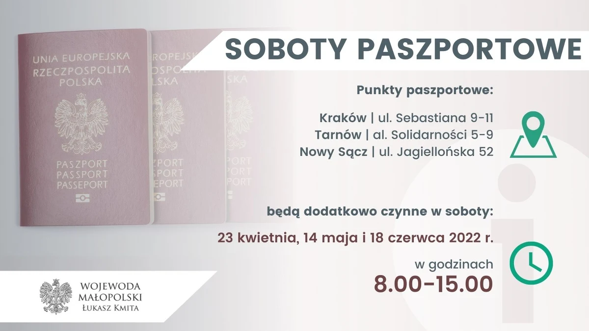 Zwiększona liczba wniosków o wydanie paszportów i zbliżające się wakacje - z tych powodów wojewoda małopolski zdecydował, że punkty paszportowe w Krakowie, Nowym Sączu i Tarnowie będą dodatkowo czynne w trzy soboty: 23 kwietnia, 14 maja i 18 czerwca.

