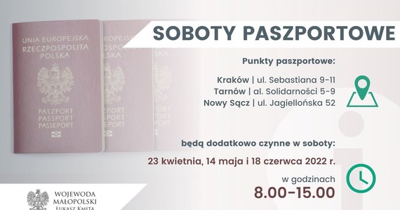 Zwiększona liczba wniosków o wydanie paszportów i zbliżające się wakacje - z tych powodów wojewoda małopolski zdecydował, że punkty paszportowe w Krakowie, Nowym Sączu i Tarnowie będą dodatkowo czynne w trzy soboty: 23 kwietnia, 14 maja i 18 czerwca.

