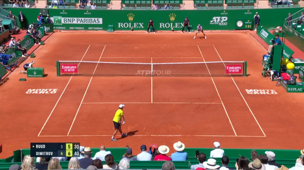 Skrót meczu Casper Ruud - Grigor Dimitrov 0:2 (3:6, 5:7) podczas 1/8 turnieju tenisowego ATP Monte Carlo 2022.