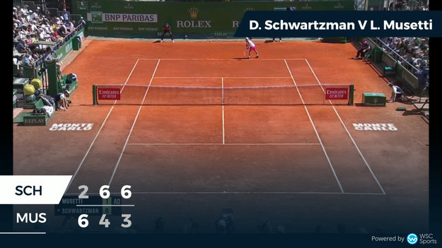 Skrót meczu Lorenzo Musetti - Diego Schwartzman 1:2 (6:2, 4:6, 3:6)  podczas 1/8 turnieju tenisowego ATP Monte Carlo 2022.