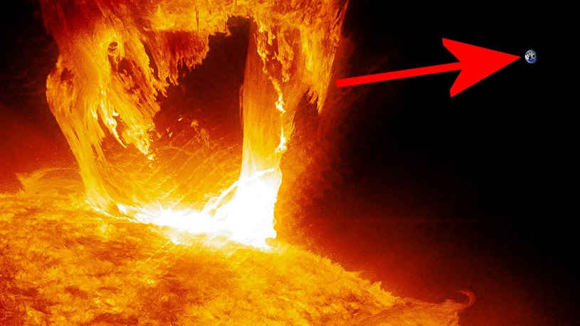 W weekend na Słońcu doszło do spektakularnego wyrzutu materii i rozbłysku z szybko powiększającego się kompleksu plam. Ziemia przy tym jęzorze plazmy to maczek.