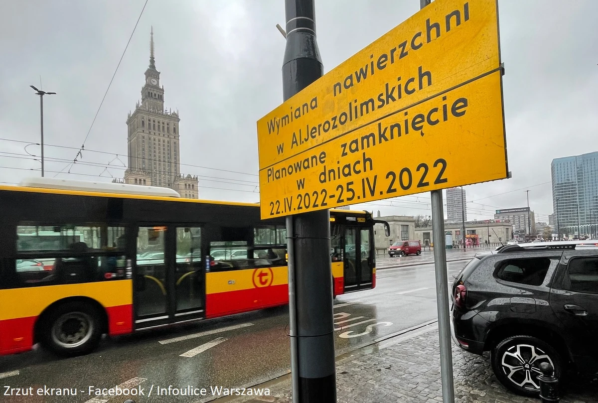 ​Od godz. 22 w piątek obie jezdnie Al. Jerozolimskich będą nieprzejezdne. Na sobotę i niedzielę zaplanowana jest naprawa nawierzchni w okolicach Ronda Dmowskiego. Zmienią się trasy autobusów.