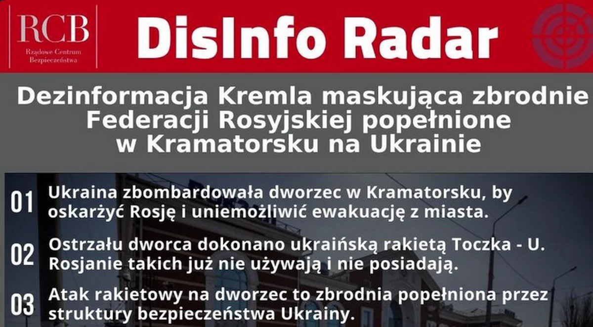 Weryfikuj informacje i nie daj się manipulować - apeluje Rządowe Centrum Bezpieczeństwa. W mediach społecznościowych opisuje dezinformację Kremla, która ma zamaskować zbrodnie Federacji Rosyjskiej popełnione w Kramatorsku na Ukrainie.