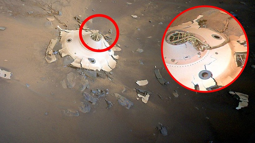 Najnowsze zdjęcia wykonane z perspektywy lotu ptaka z pierwszego w historii marsjańskiego drona rozpalają wyobraźnię. Pojazd odkrył szczątki statku kosmicznego? Tak! Ziemskiego!