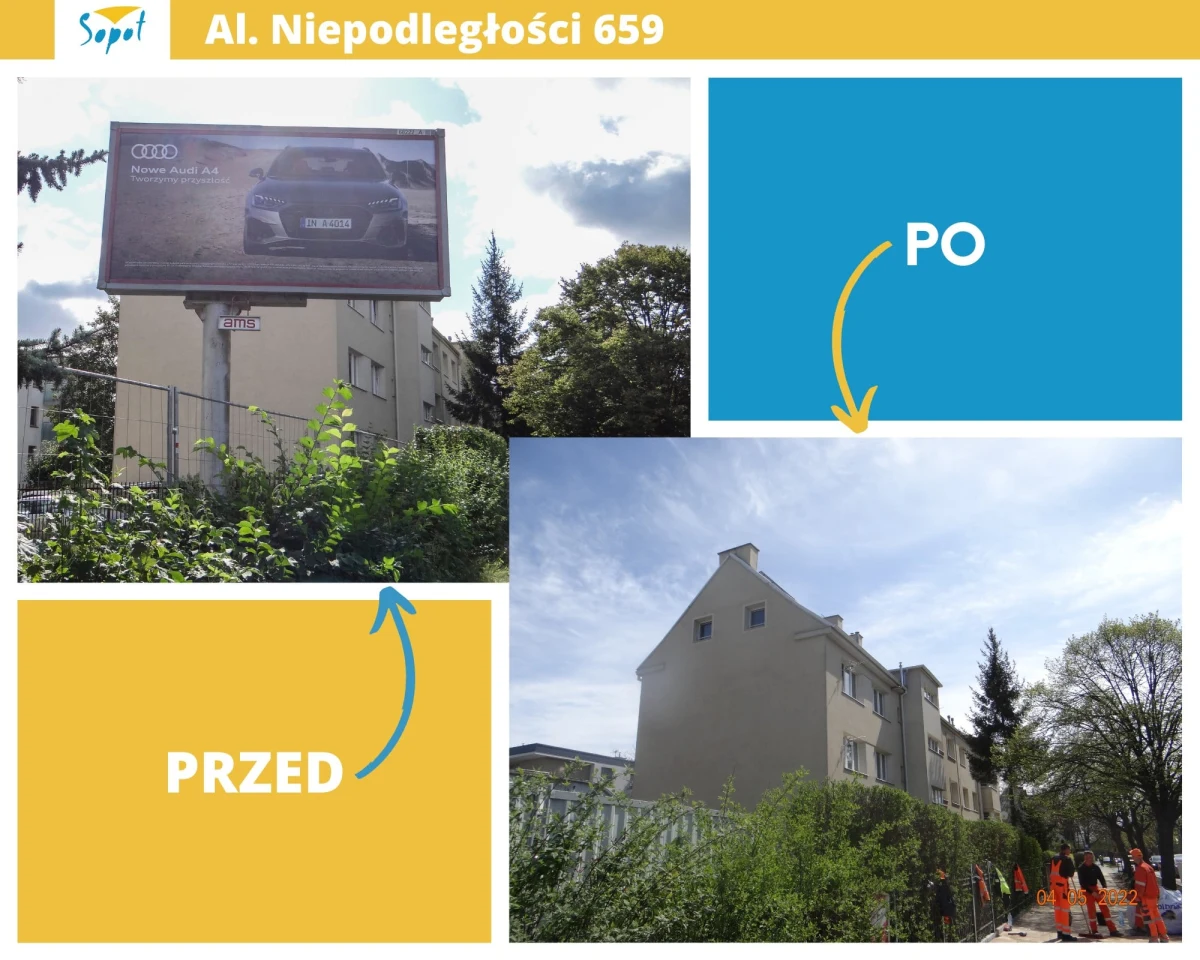 Z al. Niepodległości w Sopocie zniknął ostatni wielkoformatowy billboard, który zasłaniał widok na kamienicę - podał Urząd Miasta. To efekt uchwały krajobrazowej, która funkcjonuje od 2018 roku.

